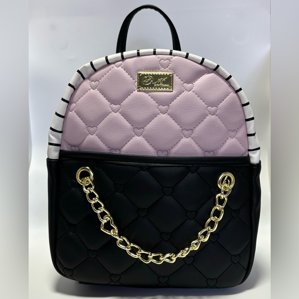Luv Betsey Johnson Women's Quilted Black & Pink Striped Vienna Backpack w/ Chain